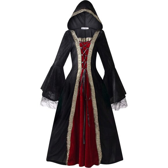 Women's Black Medieval Victorian Era Bubble Sleeves Velvet High Waist Long Dress - Picture 1 of 7